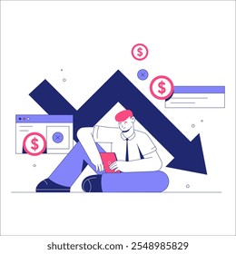 Hombre Sentado Bajo Una Flecha Bajista Que Simboliza Pérdida Financiera, Crisis Y Desafíos Económicos, Ilustración vectorial Plana, Aislado Sobre Fondo Blanco.