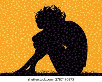 Man sitting under falling yellow leaves. Autumn melancholy, depression
