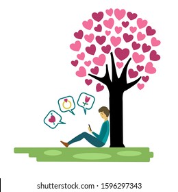 Man sitting under love tree and online chat with girlfriend. Vector illustration on white background.