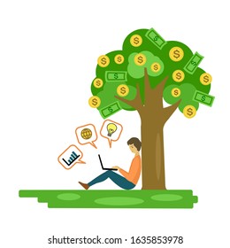 A man sitting under money tree. Business making earning online idea concept vector illustration on white background.
