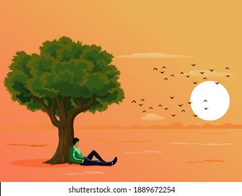 
A man sitting under a tree in the field looking at the sunset with a yellow sky background