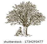 Man sitting under tree. Hand drawn illustration.