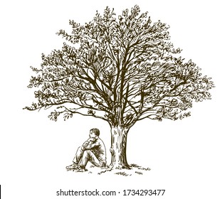 Man sitting under tree. Hand drawn illustration.