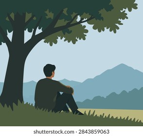 Man Sitting Under a Tree Looking at Mountain View Vector