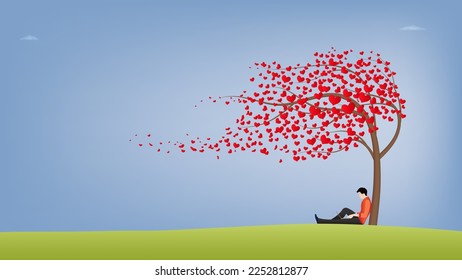 Man sitting under the tree of love on grass hill background for Valentine's day decorations illustration vector.
