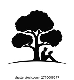Man sitting under a tree reading a book in nature outdoors