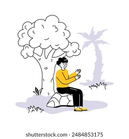 A man sitting under tree, summertime character illustration