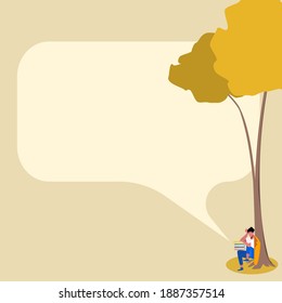 The man are sitting under yellow leaves tree with space for text input.