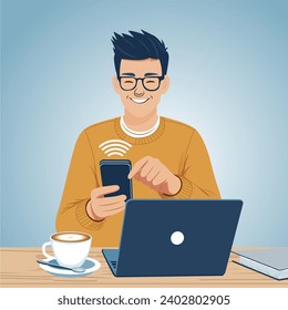 man sitting using his cell phone with a computer and a cup of coffee on the table, SHOTLISTbanking”