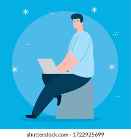 man sitting using laptop computer vector illustration design