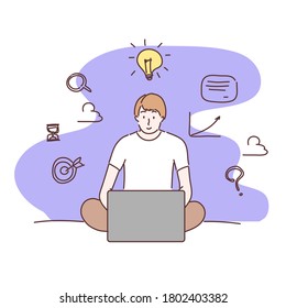 Man sitting and using laptop computer. Working, learning concept. Hand drawn character vector style.