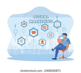 Hombre sentado usando un portátil con un tenue fondo de ciudad. Mejorar el marketing de negocios publicando anuncios en los medios sociales. Marketing digital, concepto de marketing en internet. 