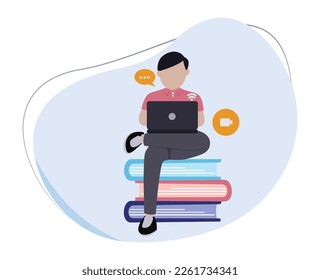 man sitting using laptop. man using laptop. online education illustration. work online using a laptop. online man using laptop
