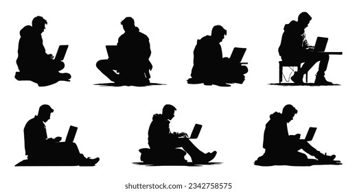 Man Sitting and Using Laptop Silhouette Set