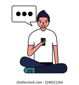 man sitting using mobile speech bubble