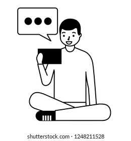 man sitting using mobile speech bubble
