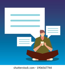 man sitting using smartphone, people and gadgets vector illustration