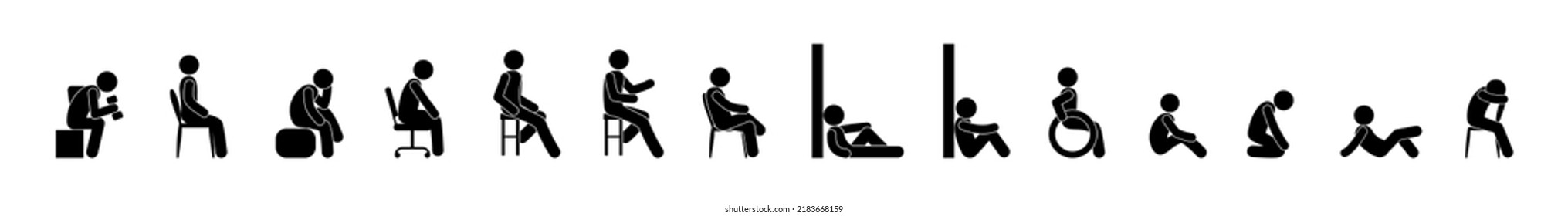 Man Sitting, Various Poses Of People, Isolated Human Silhouettes, Stick Figure Icon, Sit Down Illustration