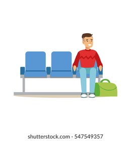 Man Sitting In Waiting Area, Part Of Airport And Air Travel Related Scenes Series Of Vector Illustrations