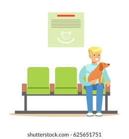 Man sitting in waiting hall with his pet dog and expecting for visiting a doctor. Colorful cartoon character Illustration