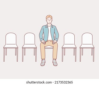 man sitting in a waiting room. Hand drawn style vector design illustrations.