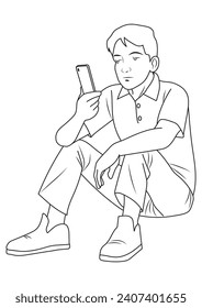 A man sitting and watching his cellphone.