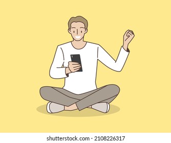 man sitting and watching mobile phone with happy or excited. Hand draw style. Vector illustration.