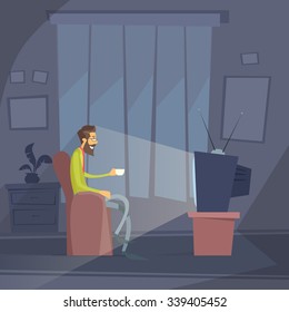 Man Sitting Watching Tv Home Chair Drink Coffee Night Flat Vector Illustration