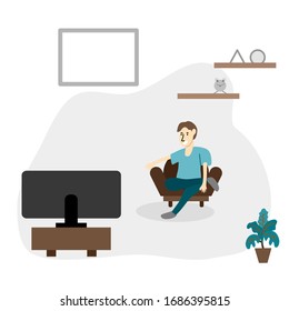 a man sitting watching tv in the living room at home vector illustration 