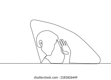 Man Sitting And Waving From Car Window From Passenger Seat - One Line Drawing Vector. Concept Celebrity Waves To Fans Leaving The Event, The Tourist Leaves And Says Goodbye To The City Or Country