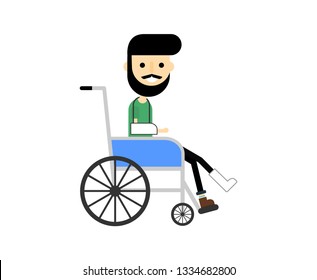 Man is sitting in a wheelchair Isolated on white background. sick with injuries. Cartoon character. Vector Illustration. 
