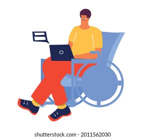 A man is sitting in a wheelchair with a laptop. A man with a disability works, studies online. Disability, fracture, people with disabilities. Vector illustration