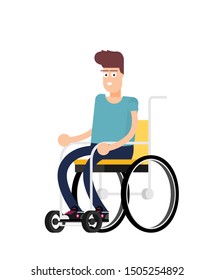 Man is sitting in a wheelchair on a white background. Vector illustration in a flat style