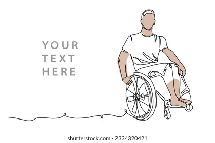 Man is sitting in a wheelchair on a white background. One continuous line art drawing. Simple vector illustration of young wheelchair man.