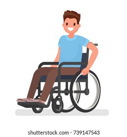 Man is sitting in a wheelchair on a white background. Vector illustration in a flat style