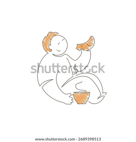 Man sitting while enjoying coffee and croissant. Closed eyes and gentle smile convey meditative relaxation, peaceful cafe break and simple pleasure moment. Line art vector illustration