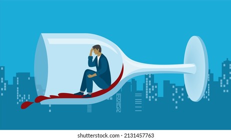 Man sitting in wine glass. Vector illustration.