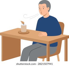 Man sitting at a wooden table blowing out a candle flame. Flat illustration of a man in a blue sweater sitting at a desk blowing air to extinguish a candle flame. Ideal for health blogs or respiratory training materials.