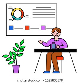 Man sitting at wooden table, working in office. Worker near statistics chart, presenting report. Person explaining or consulting people about business. Data graph with captions on white board, vector
