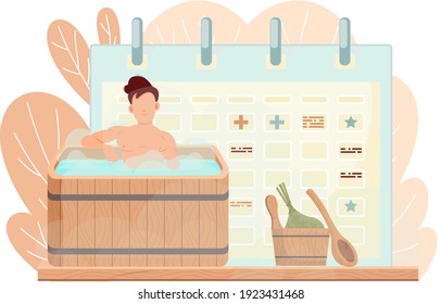 Man sitting in wooden tub. Guy in barrel is resting on background of calendar with signs. Male character in bath with hot steam. Person bathes in boiling water. Time tracking and time management