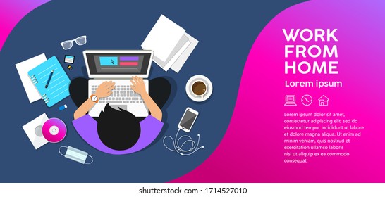 Man sitting work computer from home, top view design colorful background, vector illustration