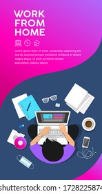 Man Sitting Work Computer From Home, Top View Leaflet Poster Design Colorful Background, Vector Illustration