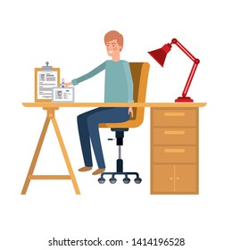 man sitting in the work office with white background
