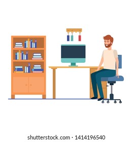 man sitting in the work office with white background