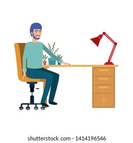 man sitting in the work office with white background