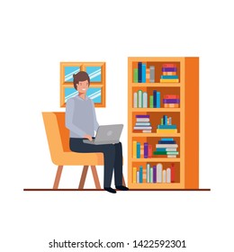 man sitting in the work office with white background