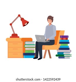 man sitting in the work office with white background