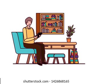 man sitting in the work office with white background