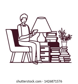 man sitting in the work office with white background