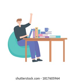 Mann, der mit Büchern arbeitet, einzeln auf Tisch, weißer Hintergrund, Vektorgrafik
